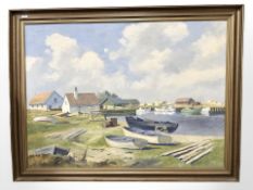 Fritz Jansen : Boats in a harbour, oil on canvas, 130 cm x 95 cm.