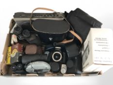 Cameras including Minolta and Agfa, binoculars including Falcon, Viewlux,