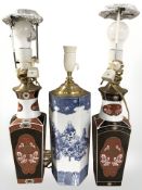 Three oriental porcelain lamp bases, tallest 54 cm including fitting.