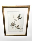 After Edwin Henny : Birds perched on a branch, reproduction in colours, signed in pencil,