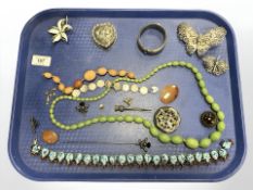 A Sterling silver Norwegian enamel brooch, together with silver bangle, amber beads,