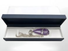 A silver mounted purple hardstone dragonfly pendant on chain, pendant 6.5 cm long.