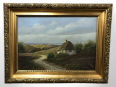 Poul Hansen : A thatched cottage on a rural track, oil on canvas,