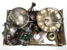 Metal wares including pair of reproduction ships lamps, brass wares, silver plated items, etc.
