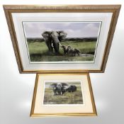 After Peter Hodge : two limited edition colour prints depicting elephants, each signed in pencil,