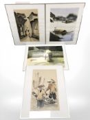 Oriental School, A group of four silk pictures depicting traditional scenes,