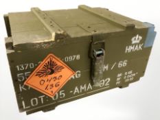 A vintage Danish military painted pine ammunition crate, width 44 cm.