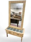 20th century blond oak tiled inset two drawer table,