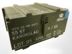 A vintage Danish military painted pine ammunition crate, width 44 cm.