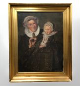 20th century school : Portrait of a lady and an infant wearing a bonnet, oil on canvas,