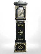 A continental ebonised and hand painted long case clock, height 205 cm.