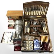 A modern jewellery box, lady's wristwatches, cutlery canteen, further boxed cutlery, EPNS vase,