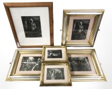 A group of monochrome mining prints.