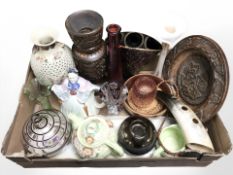 A group of treen, Melba ware tea china, carved horn, glass vases, etc.