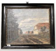 G Osted : Buildings by woodland, oil on canvas, 49 cm x 40 cm.