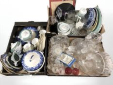 Assorted 20th century glass wares, blue and white table wares, small quantity of vinyl 78s.