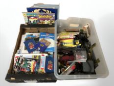 A group of comic books, football collector's albums, Airfix magazines, die cast models,