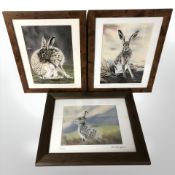 After Michelle Hewitt, three colour prints depicting hares, signed in pencil, largest 29 cm x 20 cm.