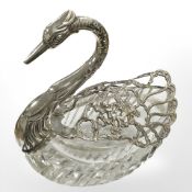 A silver-mounted crystal swan dish, length 13cm.
