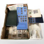 A quantity of Kensitas cigarette cards, Whitman folder of pennies, stamp book,