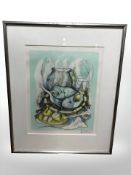 After B* Karland : Still life of lemons and jug of water, colour lithograph, 38 cm x 30 cm,