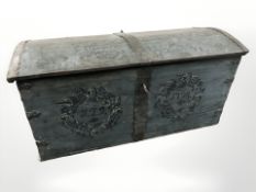 A 19th century Scandinavian painted oak and wrought iron mounted domed topped chest,