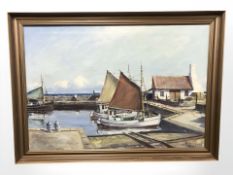 T* Skargaard : Boats moored in a harbour, oil on canvas, 65 cm x 95 cm.