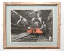 A Doyle : Figure standing by locomotive engines, charcoal and colour chalk, 48 cm x 62 cm.