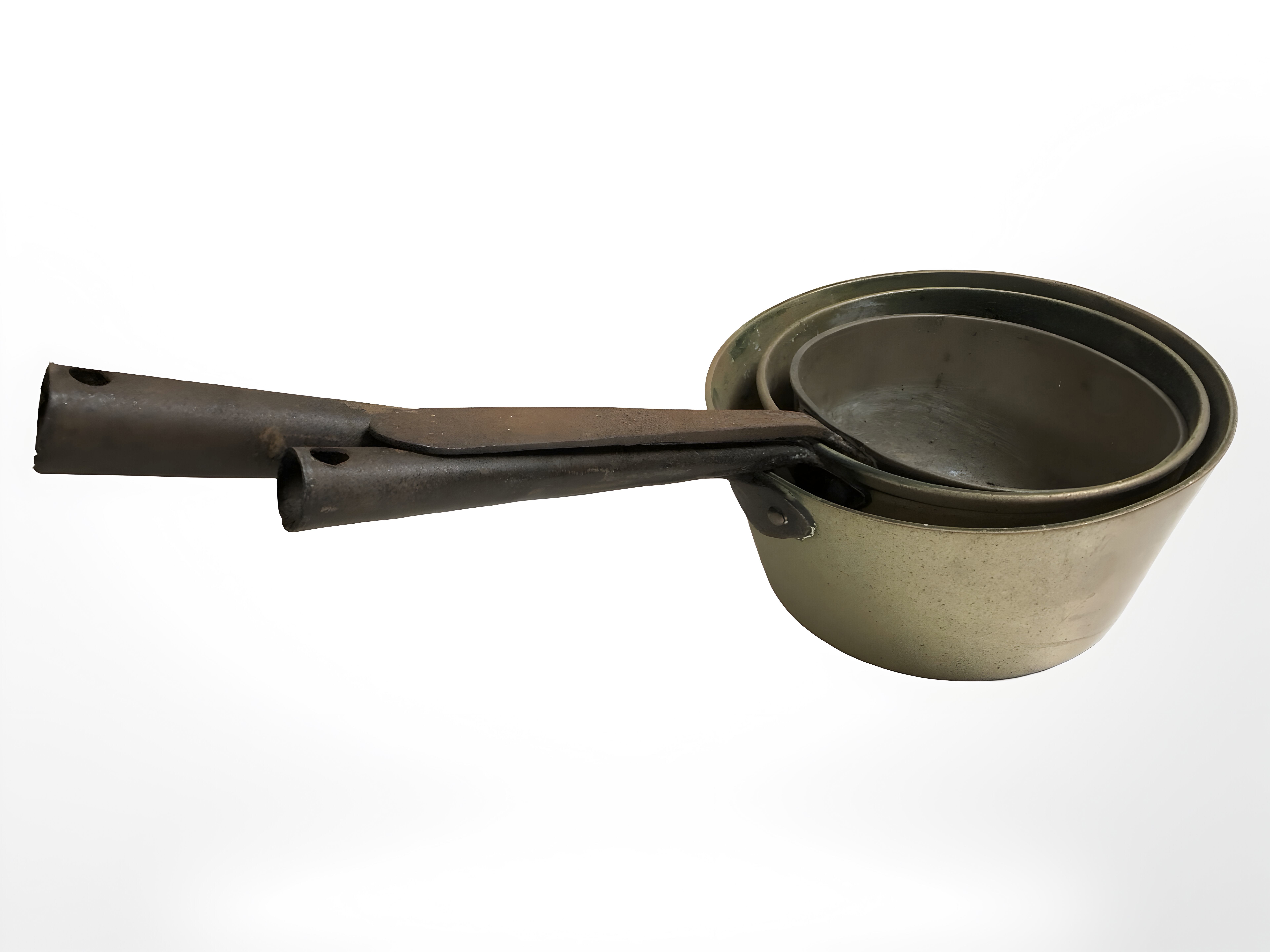 A Victorian brass long handled pan and three further graduated examples. - Image 2 of 2