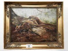 J Otesen : Deer by a tree stump, oil on canvas, 28 cm x 20 cm.