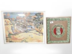 A carved Eastern panel depicting a deity, 29 cm x 33 cm, together with a colour print.