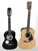 A Yamaha F310 acoustic guitar and another Sierra guitar inset with a quartz clock.