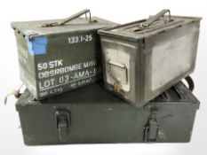Two vintage Danish military enameled metal ammunition boxes and a further box, width 51 cm.
