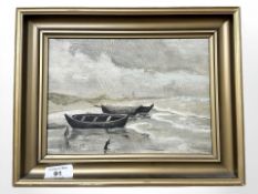 C Kristensen : Rowing boats on a beach, oil on board, 23 cm x 16 cm.