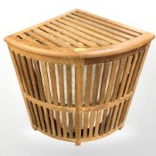A teak corner laundry hamper,