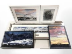 A watercolour of Gateshead Millennium Bridge by O Turner,