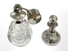 A silver-mounted atomiser and similar bottle with stopper, tallest 11.5cm.