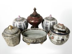 Six oriental ceramic storage jars, oval planter, etc, tallest 37 cm.