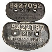 Two painted cast iron railway plaques, width 28 cm.