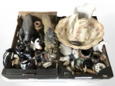 Assorted animal figurines, small pair of Tiffany style lamps, transfer printed wash jug and basin,