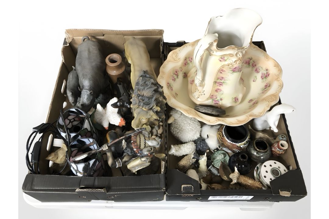 Assorted animal figurines, small pair of Tiffany style lamps, transfer printed wash jug and basin,