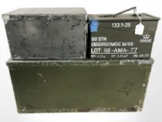 Three 20th century Danish military storage boxes, largest 67 cm wide.