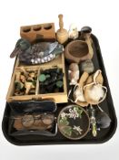 A group of turned boxwood chess pieces, antique spectacles, cloisonne dish,