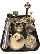 A group of brass candlesticks, mortars, stainless steel hanging oil lamp, etc.