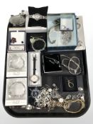A collection of costume jewellery including lady's quartz wristwatches, pendants, Pure bracelets,