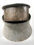 Two antique patinated metal planters, largest 36 cm diameter.