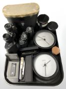 A pair of Optal 7x50 binoculars, Summit 7x35 binoculars, two Joergen Fenger quartz wall timepieces,