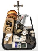 Miscellaneous items including a chrome crucifix, acrylic letter rack in the form of a toad stool,