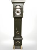 A reproduction continental painted and gilt longcase clock with pendulum and weights, height 215 cm.
