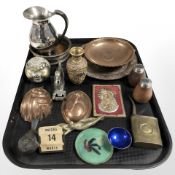 A group of metal wares including a Danish desk calendar in the form of a bird,